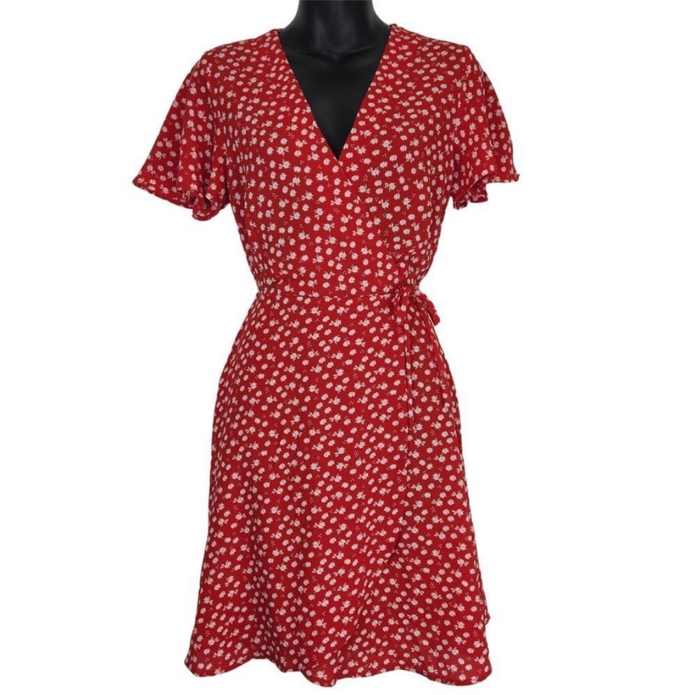 Red summer faux wrap floral white short sleeve v neck sundress beach vacation